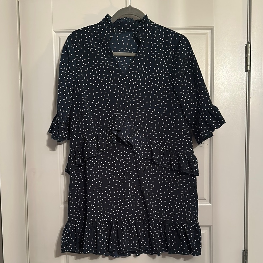 Polka Dot Ruffle Midi Dress - Dark Green and White